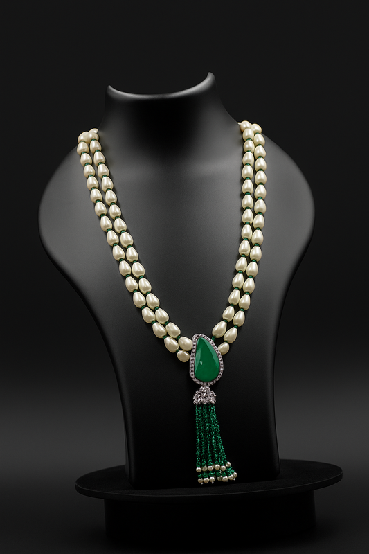 “Raindrops & Royalty” – Pearl and Emerald Statement Necklace