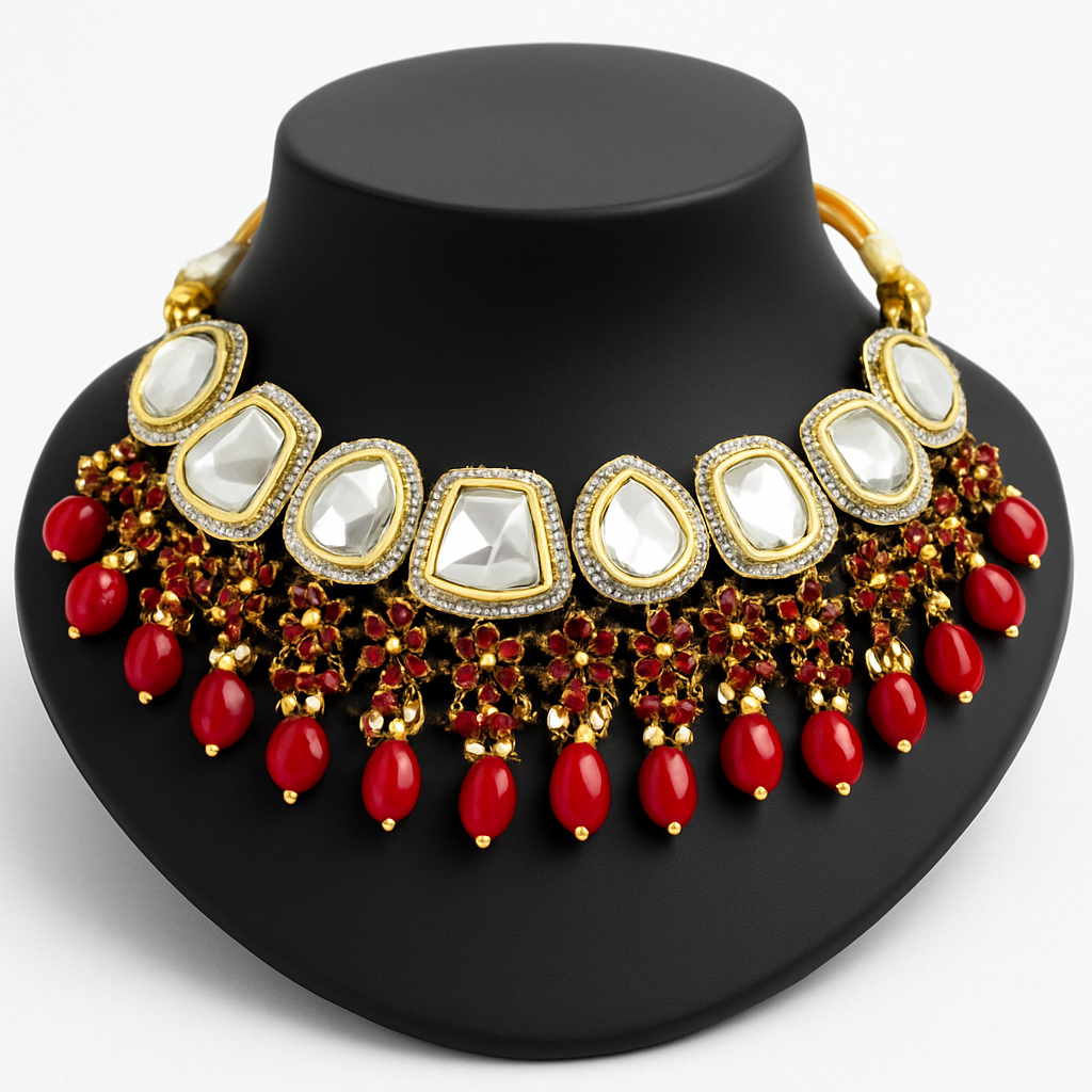 Royal Radiance Kundan Necklace Set - Ruby Red Drops