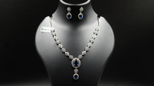 Exquisite Blue Sapphire Pendant Necklace & Earring Set – Premium AD Stone Jewelry