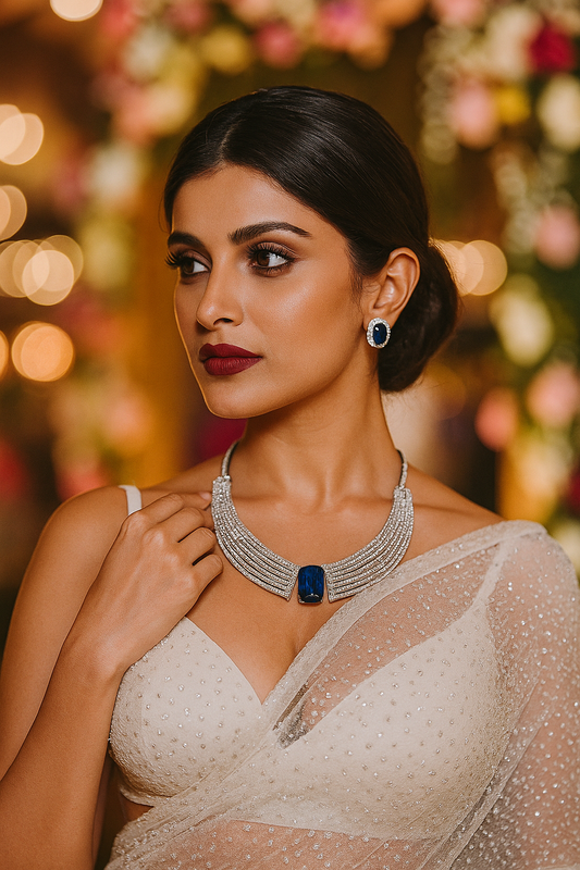 Radiant Royal Blue Stone Necklace Set with Earrings – Bridal Elegance