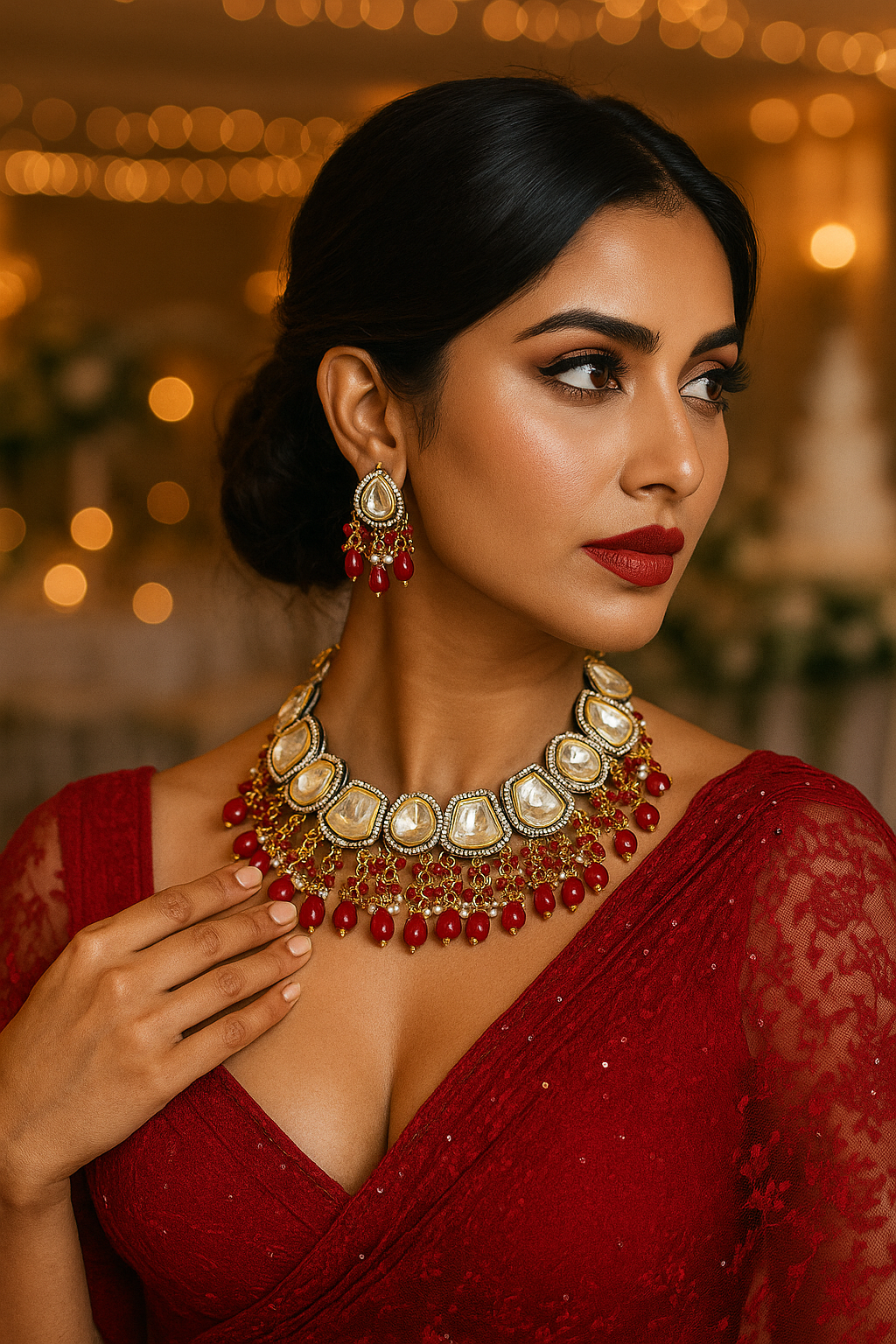 Royal Radiance Kundan Necklace Set - Ruby Red Drops
