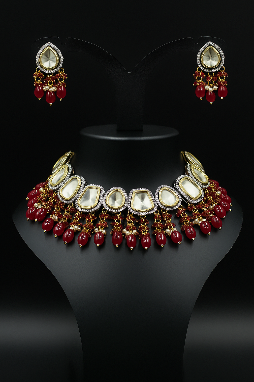Royal Radiance Kundan Necklace Set - Ruby Red Drops