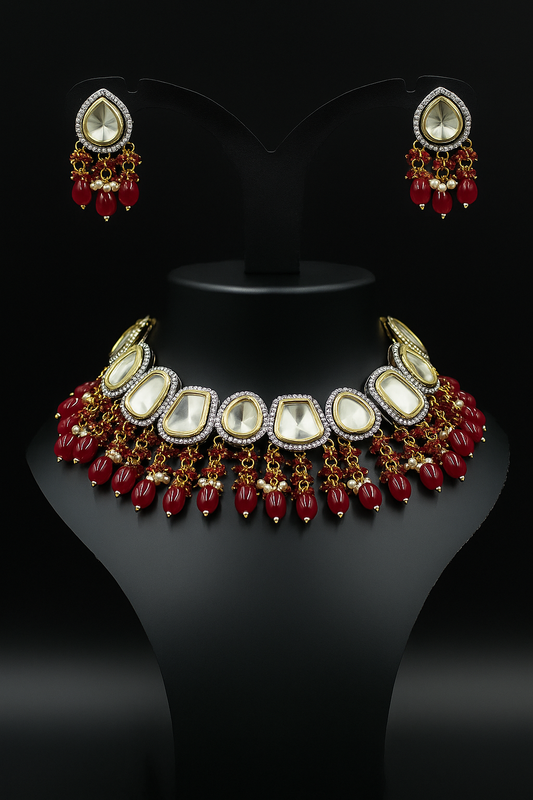 Royal Radiance Kundan Necklace Set - Ruby Red Drops