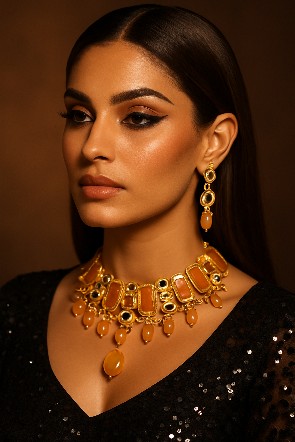 Traditional Kundan with amber stones and pearl drops