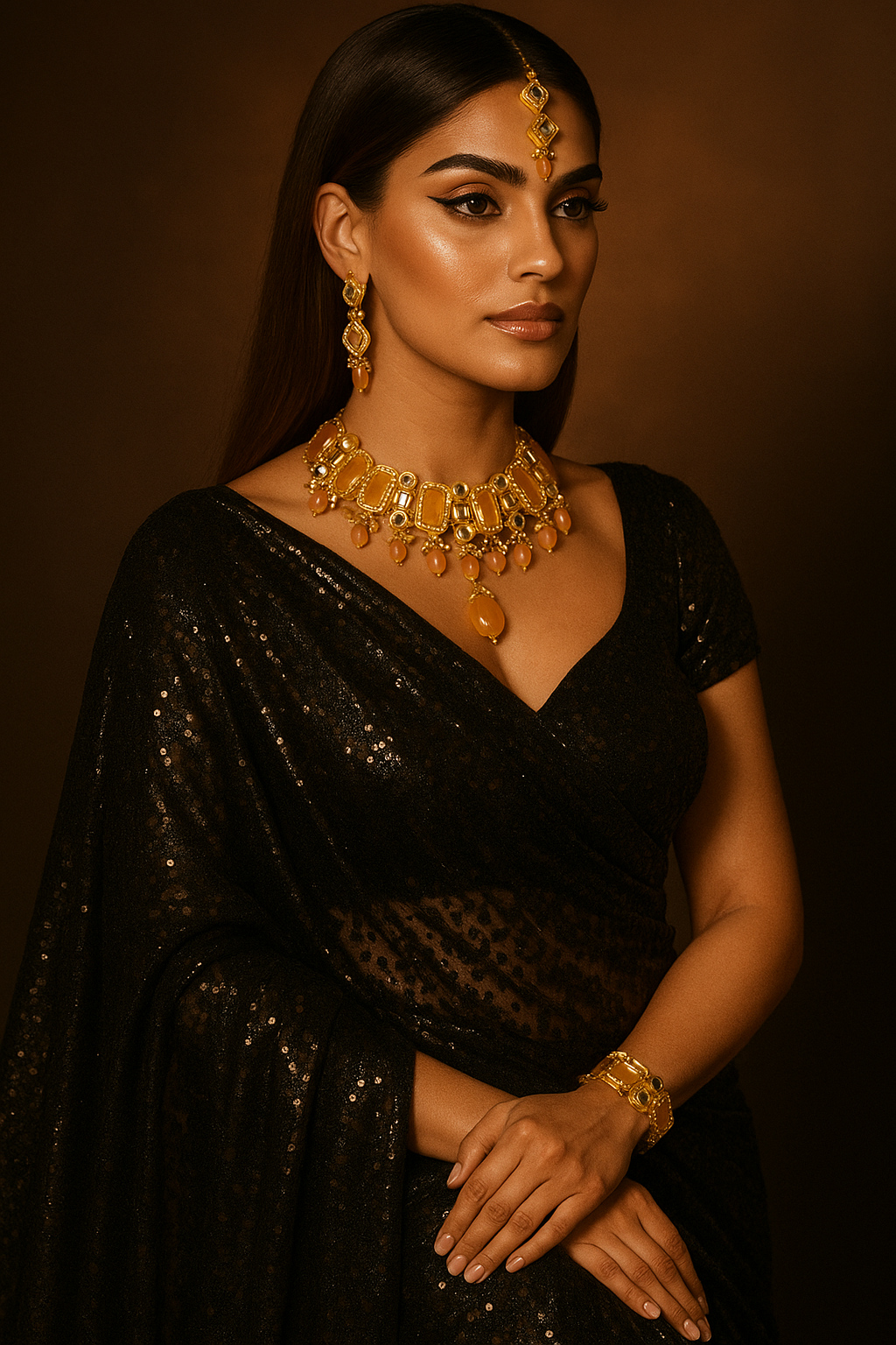 Traditional Kundan with amber stones and pearl drops