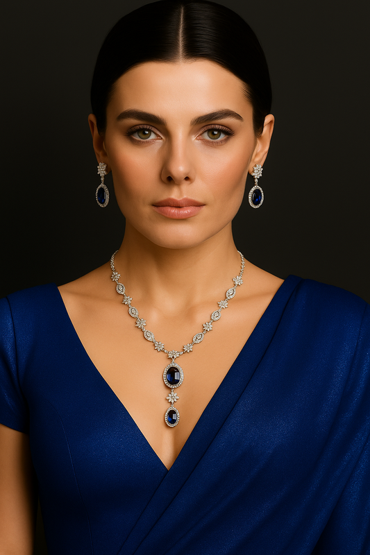 Exquisite Blue Sapphire Pendant Necklace & Earring Set – Premium AD Stone Jewelry