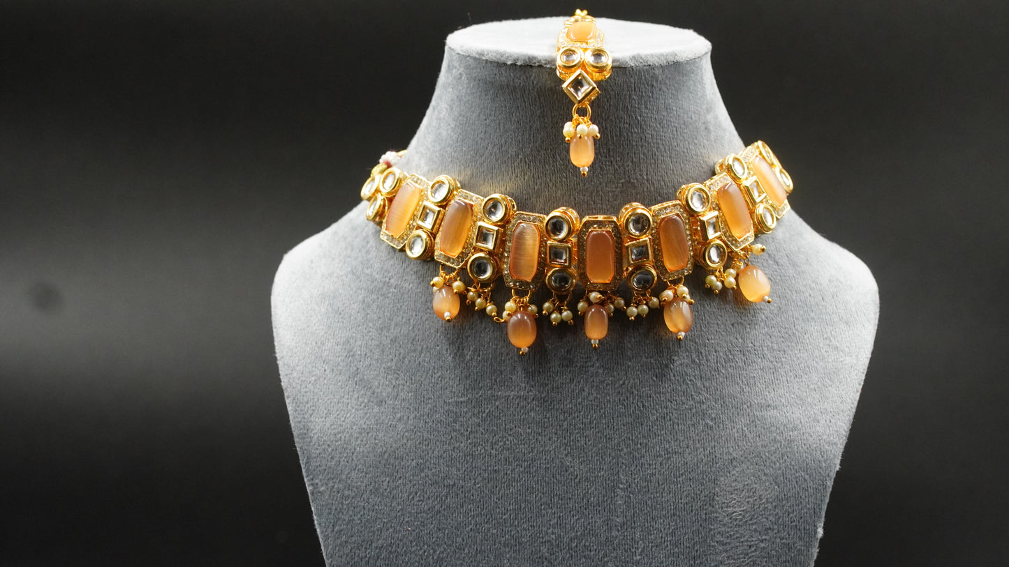 Traditional Kundan with amber stones and pearl drops