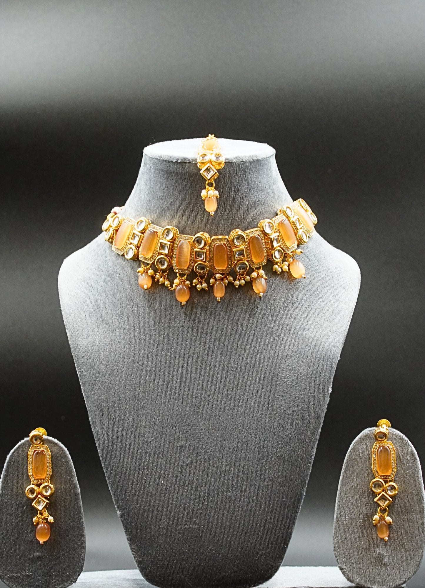 Traditional Kundan with amber stones and pearl drops