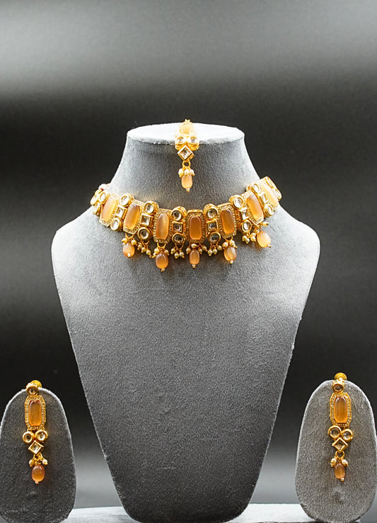 Traditional Kundan with amber stones and pearl drops
