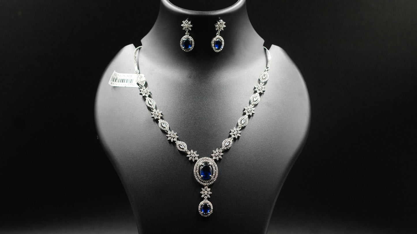 Exquisite Blue Sapphire Pendant Necklace & Earring Set – Premium AD Stone Jewelry