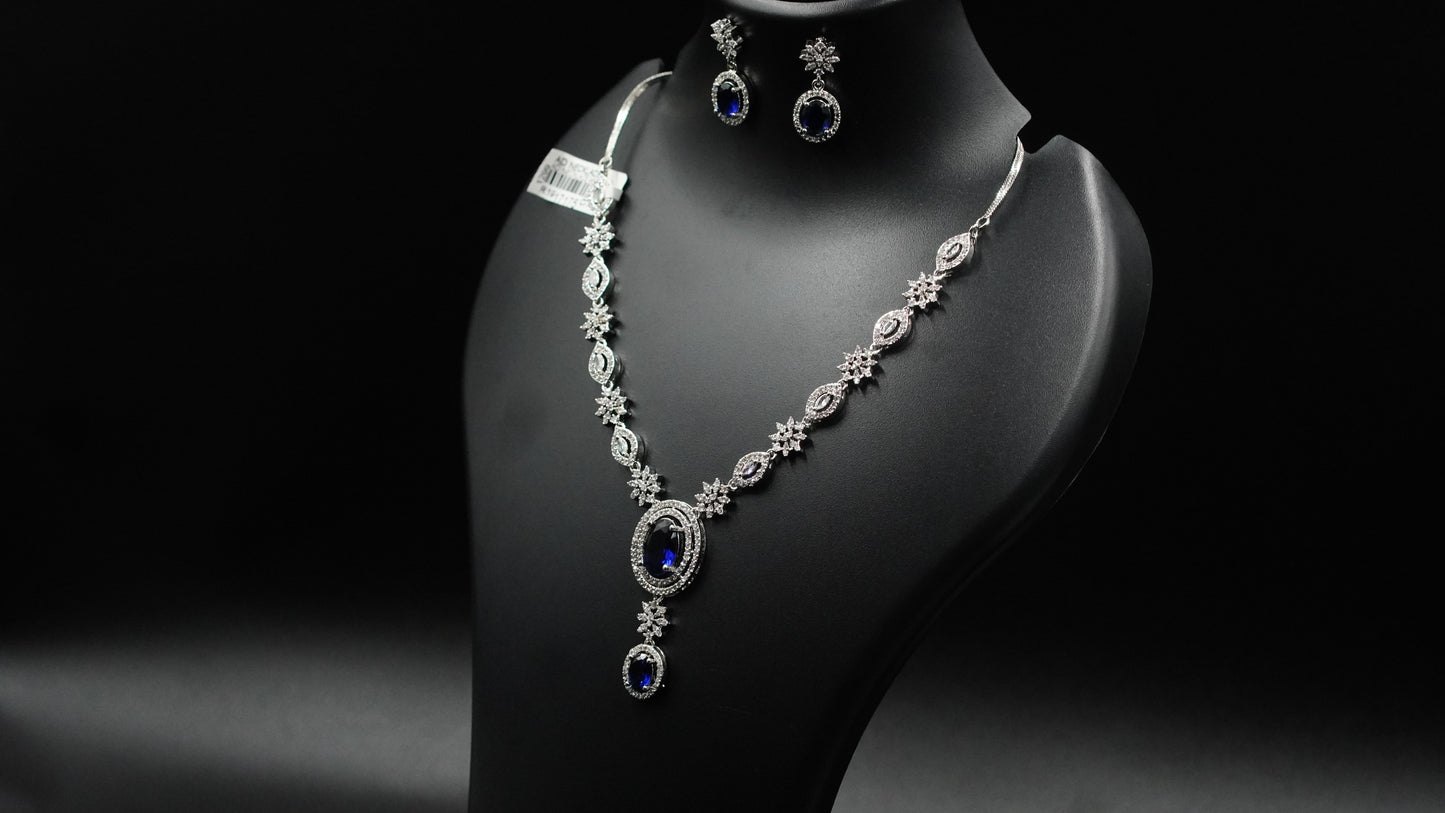 Exquisite Blue Sapphire Pendant Necklace & Earring Set – Premium AD Stone Jewelry