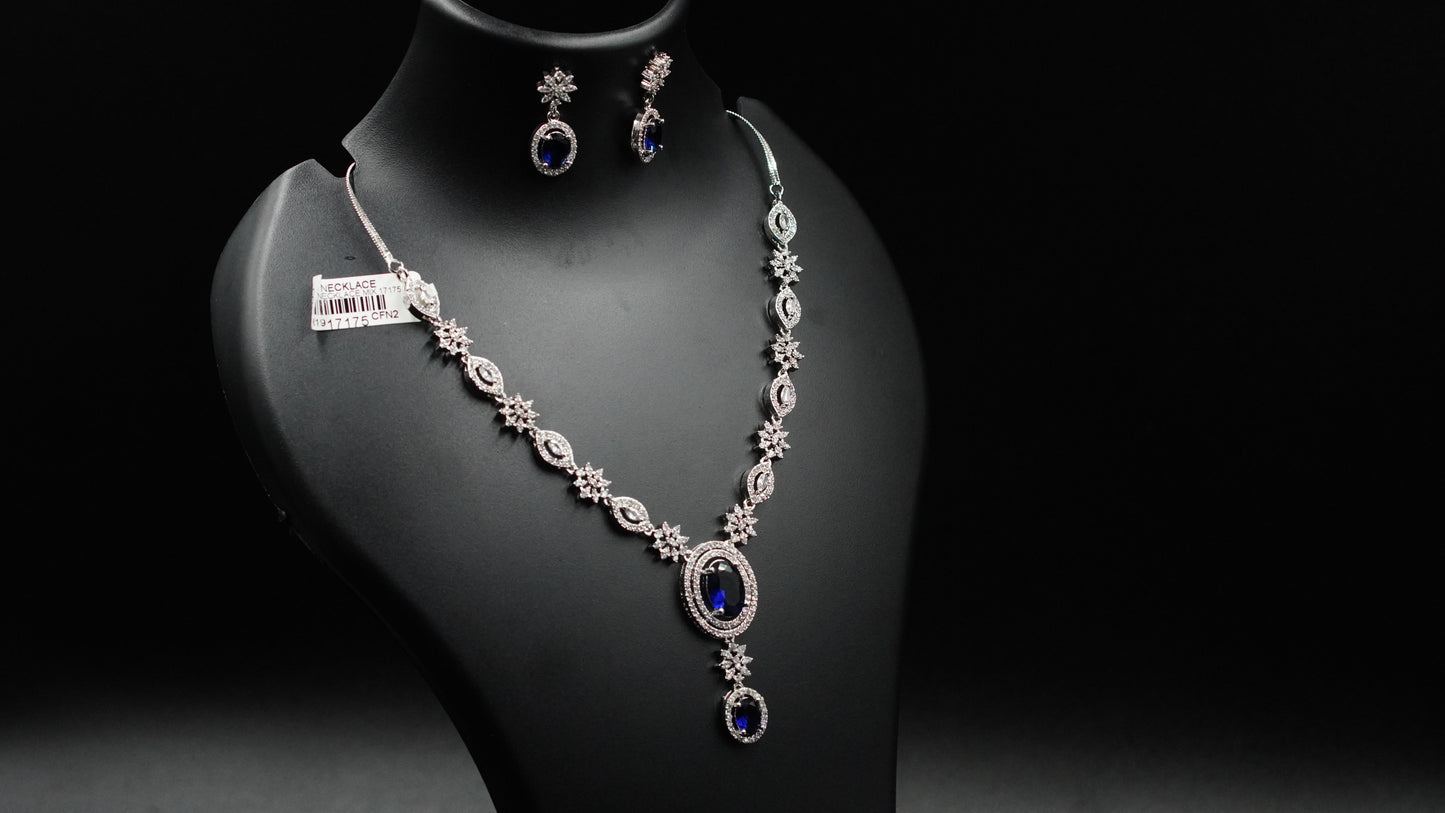 Exquisite Blue Sapphire Pendant Necklace & Earring Set – Premium AD Stone Jewelry